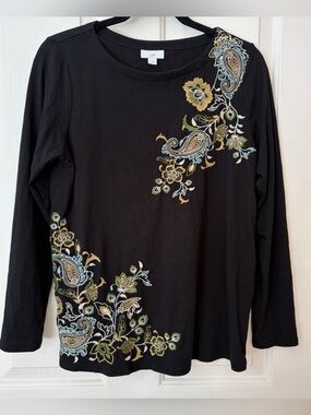 J Jill Black Long Sleeve Embroidered Paisley Knit Top Women's Sz S Boho Chic